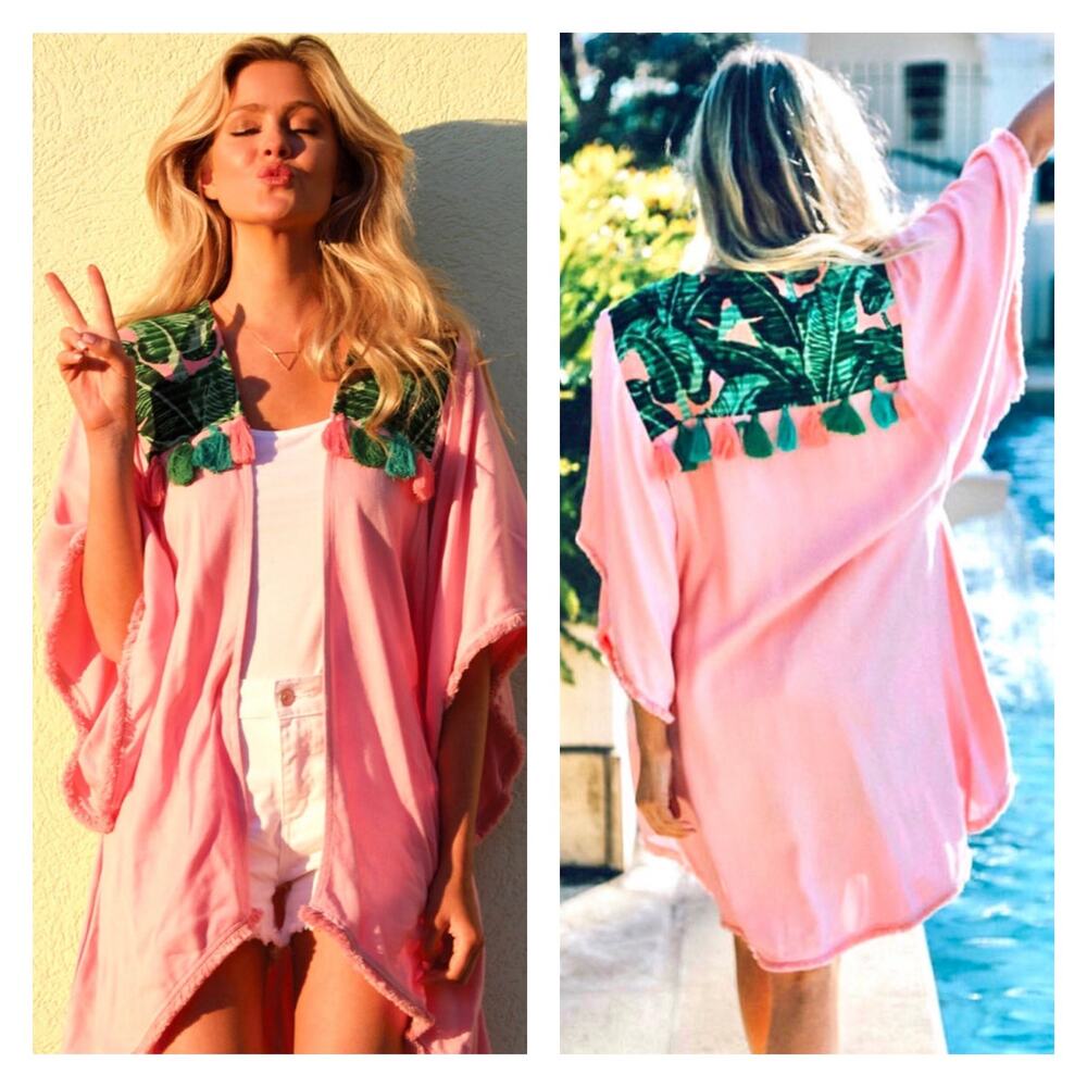 Judith March Tropical Pink & Green Tassel Palm Leaf  Fringe Hem Kimono Size L